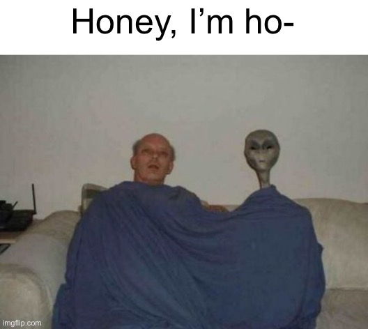 Meme #1,209 | Honey, I’m ho- | image tagged in aliens,alien,cheating,blanket,memes,funny | made w/ Imgflip meme maker