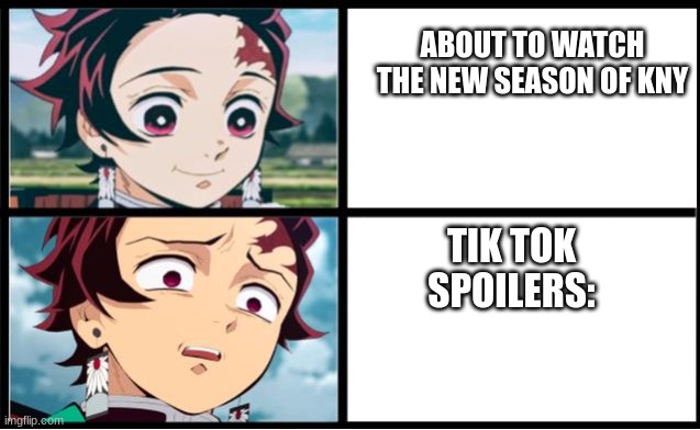 kny new season | ABOUT TO WATCH THE NEW SEASON OF KNY; TIK TOK SPOILERS: | image tagged in tanjiro approval | made w/ Imgflip meme maker