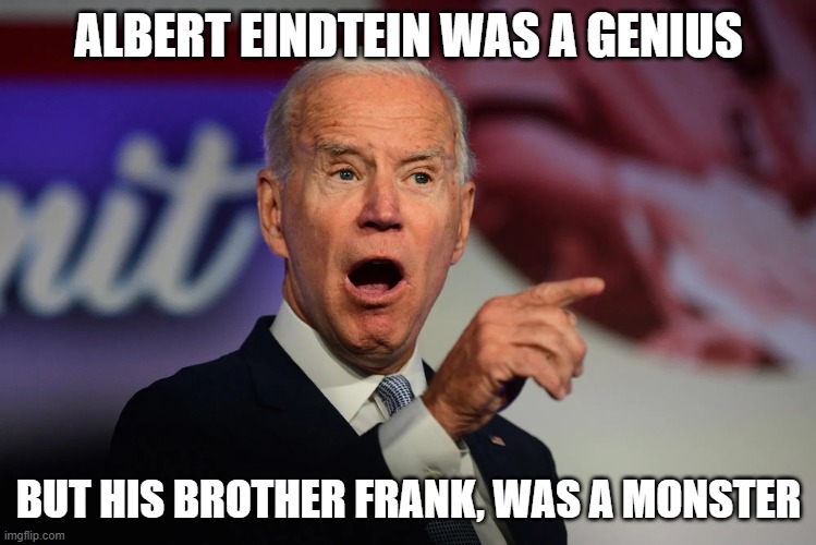 Angry Joe Biden Pointing | ALBERT EINDTEIN WAS A GENIUS; BUT HIS BROTHER FRANK, WAS A MONSTER | image tagged in angry joe biden pointing | made w/ Imgflip meme maker
