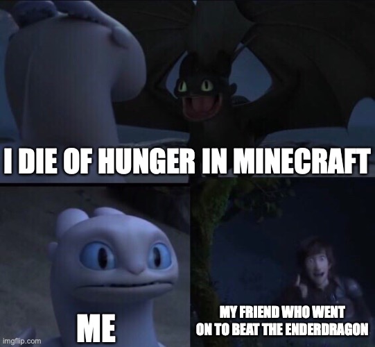 How to train your dragon 3 | I DIE OF HUNGER IN MINECRAFT; ME; MY FRIEND WHO WENT ON TO BEAT THE ENDERDRAGON | image tagged in how to train your dragon 3 | made w/ Imgflip meme maker