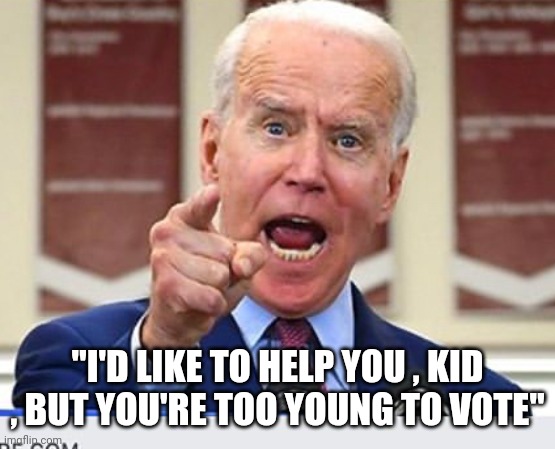 Joe Biden no malarkey | "I'D LIKE TO HELP YOU , KID , BUT YOU'RE TOO YOUNG TO VOTE" | image tagged in joe biden no malarkey | made w/ Imgflip meme maker