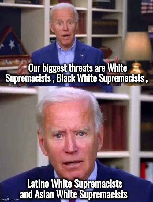 Our biggest threats are White Supremacists , Black White Supremacists , Latino White Supremacists and Asian White Supremacists | image tagged in joe biden you ain't black,slow joe biden dementia face | made w/ Imgflip meme maker
