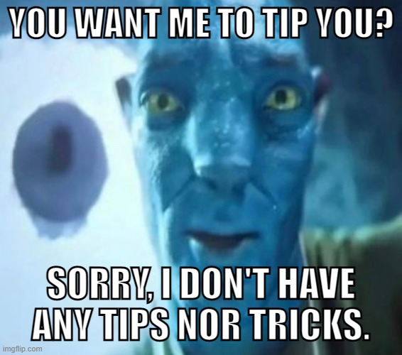 restaurant be likes | YOU WANT ME TO TIP YOU? SORRY, I DON'T HAVE ANY TIPS NOR TRICKS. | image tagged in avatar guy | made w/ Imgflip meme maker