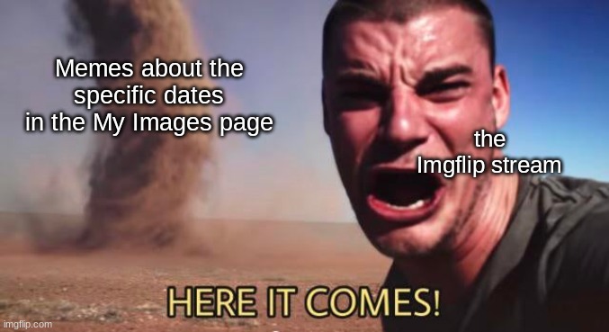 Meta joke | Memes about the specific dates in the My Images page; the Imgflip stream | image tagged in here it comes,meta,imgflip,ha ha tags go brr,funny,memes | made w/ Imgflip meme maker