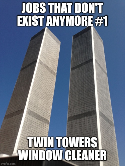 Twin Towers | JOBS THAT DON'T EXIST ANYMORE #1; TWIN TOWERS WINDOW CLEANER | image tagged in twin towers | made w/ Imgflip meme maker