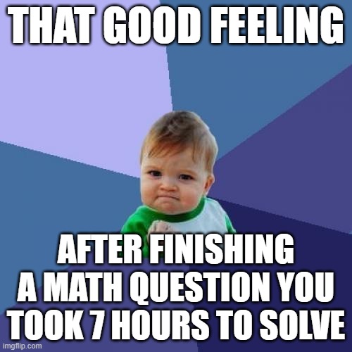 How it feels nice | THAT GOOD FEELING; AFTER FINISHING A MATH QUESTION YOU TOOK 7 HOURS TO SOLVE | image tagged in memes,success kid,math | made w/ Imgflip meme maker