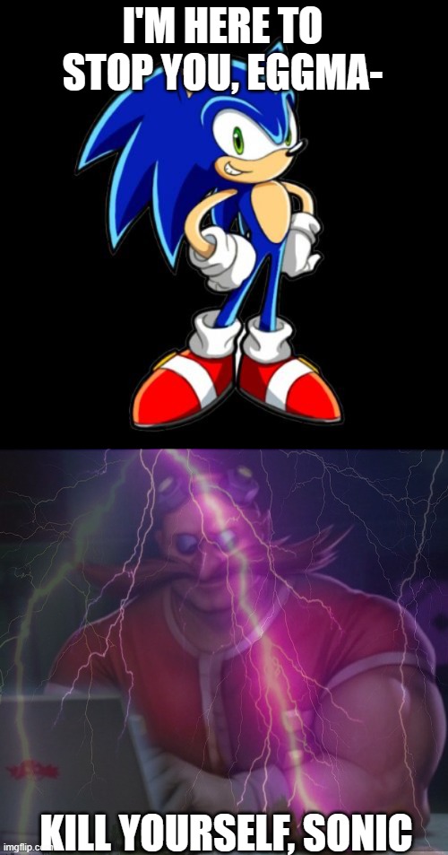 I'M HERE TO STOP YOU, EGGMA-; KILL YOURSELF, SONIC | image tagged in memes,you're too slow sonic,eggman chad | made w/ Imgflip meme maker