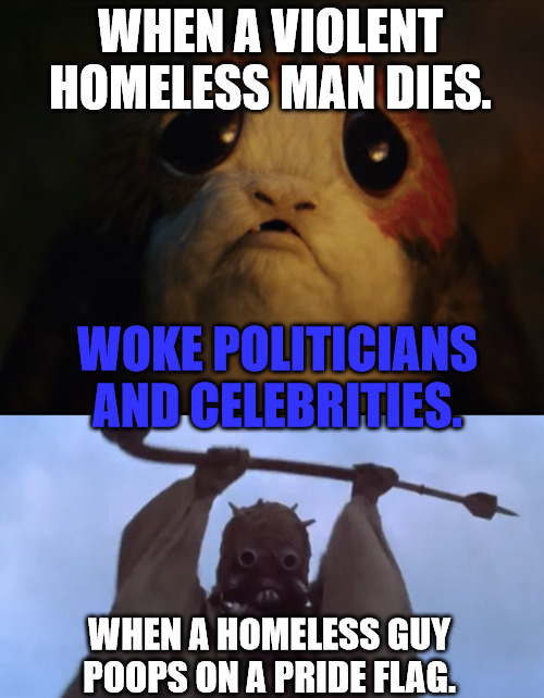 Double Standards | WHEN A VIOLENT HOMELESS MAN DIES. WOKE POLITICIANS AND CELEBRITIES. WHEN A HOMELESS GUY POOPS ON A PRIDE FLAG. | image tagged in porg with big sad eyes,triggered tusken raider | made w/ Imgflip meme maker