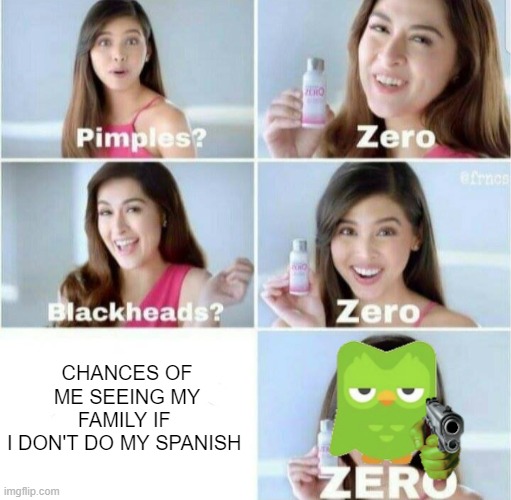 RUN | CHANCES OF ME SEEING MY FAMILY IF 
I DON'T DO MY SPANISH | image tagged in pimples zero | made w/ Imgflip meme maker
