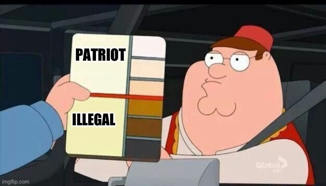 Peter Griffin skin color chart race terrorist blank | PATRIOT ILLEGAL | image tagged in peter griffin skin color chart race terrorist blank | made w/ Imgflip meme maker