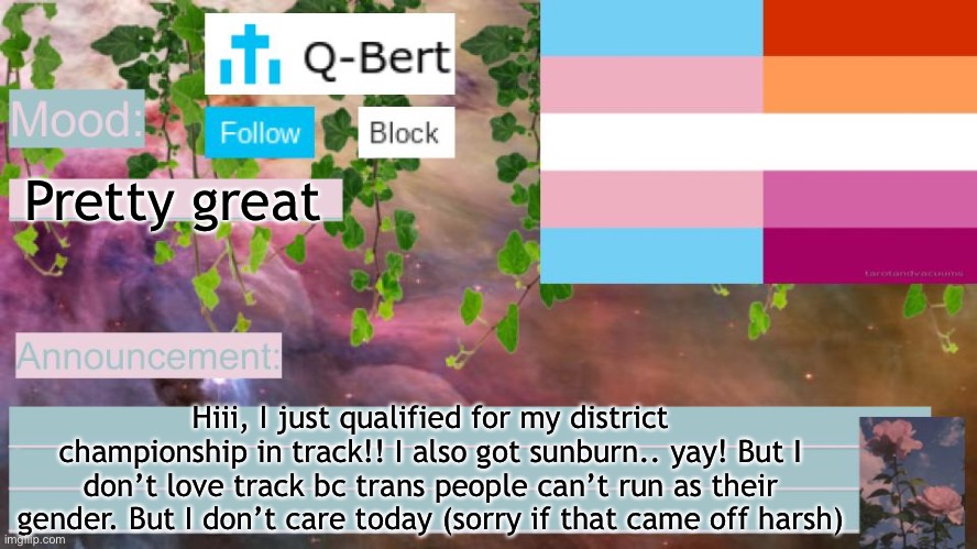 and I want to ask this girl out… 0-0 | Pretty great; Hiii, I just qualified for my district championship in track!! I also got sunburn.. yay! But I don’t love track bc trans people can’t run as their gender. But I don’t care today (sorry if that came off harsh) | image tagged in q-berts anouncement template | made w/ Imgflip meme maker