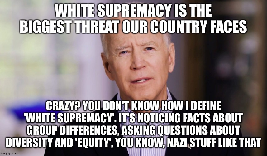 Joe Biden 2020 | WHITE SUPREMACY IS THE BIGGEST THREAT OUR COUNTRY FACES; CRAZY? YOU DON'T KNOW HOW I DEFINE 'WHITE SUPREMACY'. IT'S NOTICING FACTS ABOUT GROUP DIFFERENCES, ASKING QUESTIONS ABOUT DIVERSITY AND 'EQUITY', YOU KNOW, NAZI STUFF LIKE THAT | image tagged in joe biden 2020 | made w/ Imgflip meme maker