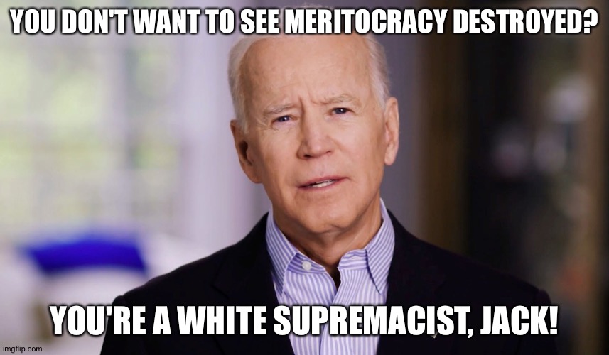 Joe Biden 2020 | YOU DON'T WANT TO SEE MERITOCRACY DESTROYED? YOU'RE A WHITE SUPREMACIST, JACK! | image tagged in joe biden 2020 | made w/ Imgflip meme maker