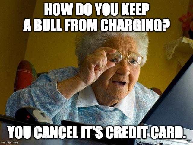 Grandma Finds The Internet | HOW DO YOU KEEP A BULL FROM CHARGING? YOU CANCEL IT'S CREDIT CARD. | image tagged in memes,grandma finds the internet | made w/ Imgflip meme maker