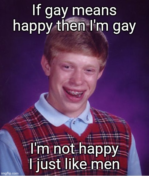 Facks | If gay means happy then I'm gay; I'm not happy I just like men | image tagged in memes,bad luck brian | made w/ Imgflip meme maker