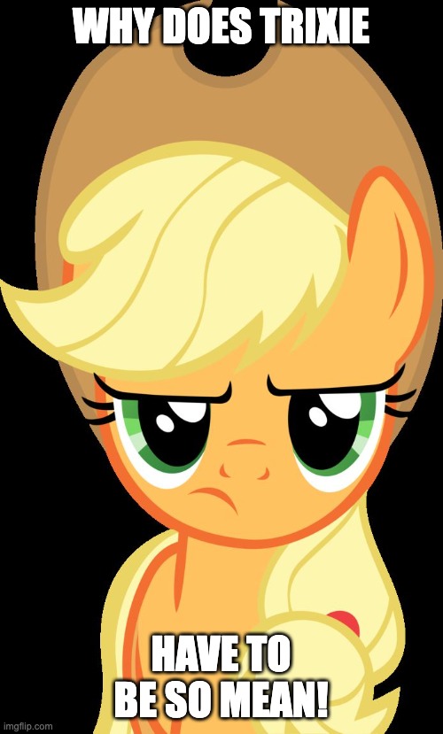 Applejack is not amused | WHY DOES TRIXIE HAVE TO BE SO MEAN! | image tagged in applejack is not amused | made w/ Imgflip meme maker