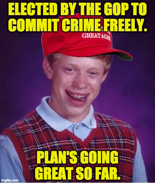 The only thing necessary for the triumph of evil is for good men to do nothing. | ELECTED BY THE GOP TO
COMMIT CRIME FREELY. PLAN'S GOING GREAT SO FAR. | image tagged in memes,bad luck brian,gop,criminal lawyer | made w/ Imgflip meme maker