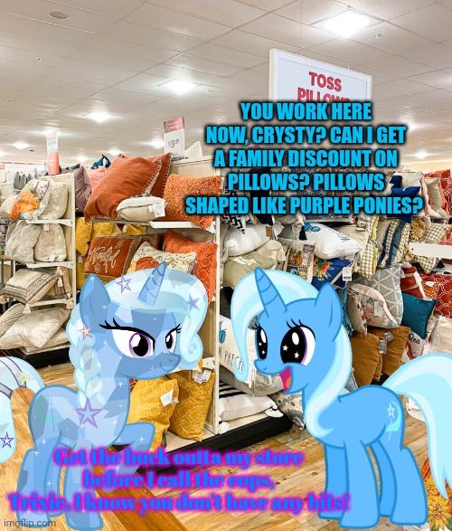 YOU WORK HERE NOW, CRYSTY? CAN I GET A FAMILY DISCOUNT ON PILLOWS? PILLOWS SHAPED LIKE PURPLE PONIES? Get the buck outta my store before I c | made w/ Imgflip meme maker