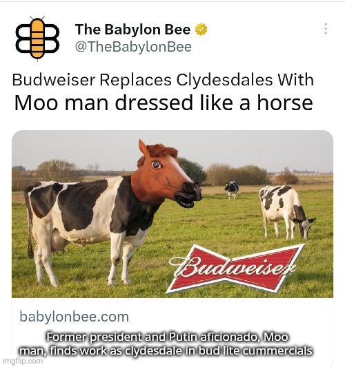 No. This is not ok. | Moo man dressed like a horse; Former president and Putin aficionado, Moo man, finds work as clydesdale in bud lite cummercials | image tagged in stop it get some help,moo man,longest serving president,since legion 2024 | made w/ Imgflip meme maker