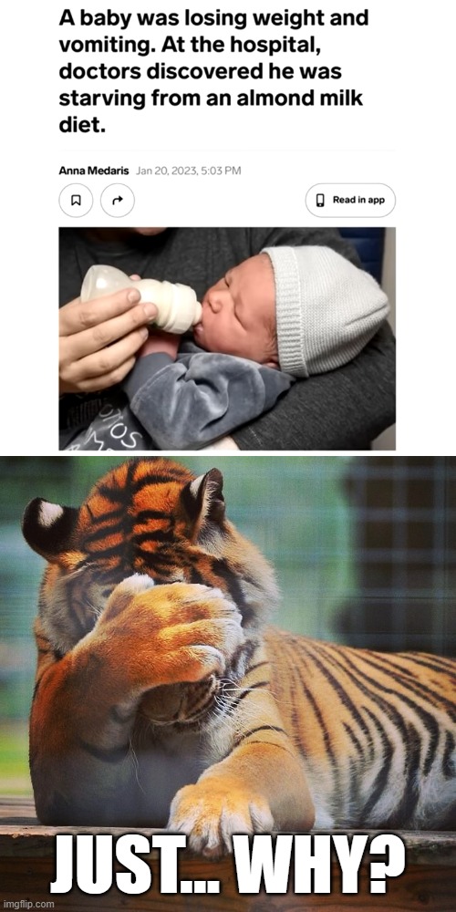 Apparently some vegans do this with their children and it's sickening | JUST... WHY? | image tagged in facepalm tiger,vegan,newborn,almond milk,malnutrition | made w/ Imgflip meme maker