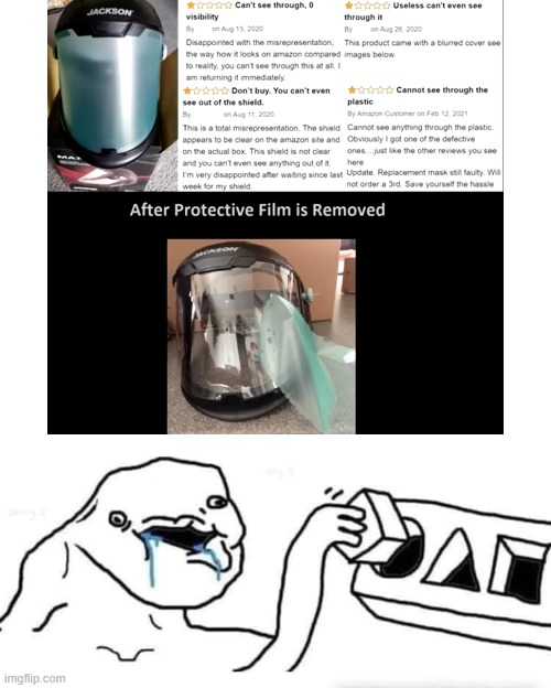 POV: You don't know what protective film is | image tagged in stupid dumb drooling puzzle,helmet,amazon,idiots | made w/ Imgflip meme maker