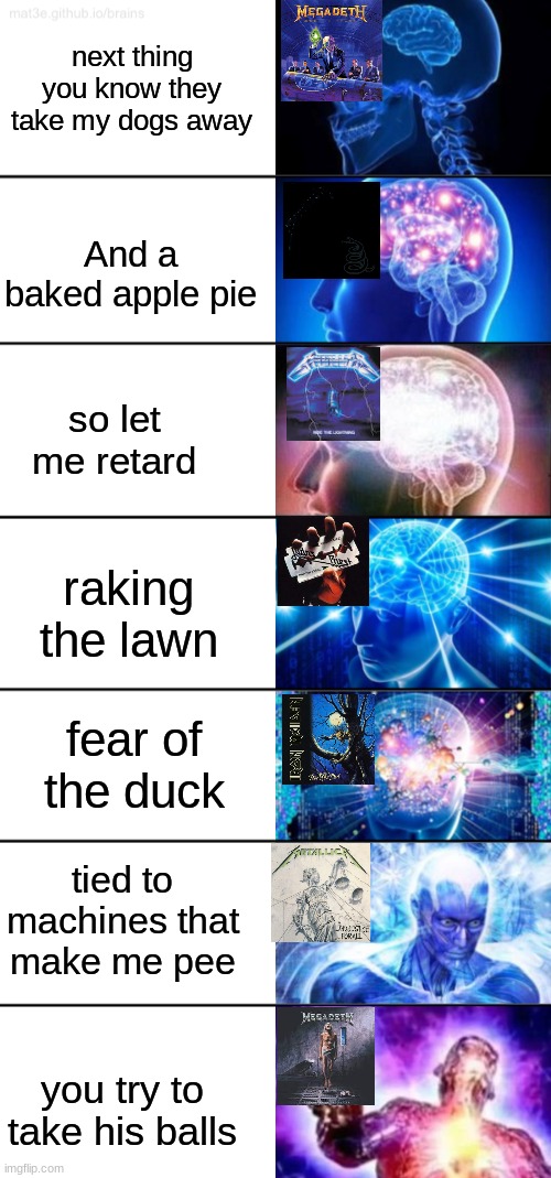 Misheard Lyrics Pt. 2 | next thing you know they take my dogs away; And a baked apple pie; so let me retard; raking the lawn; fear of the duck; tied to machines that make me pee; you try to take his balls | image tagged in 7-tier expanding brain,misheard lyrics,heavy metal | made w/ Imgflip meme maker