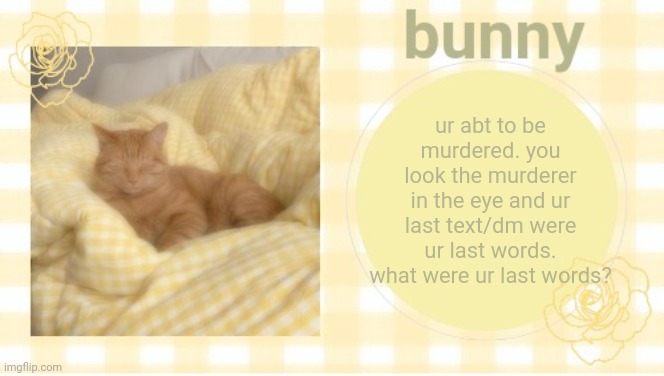 bunny | ur abt to be murdered. you look the murderer in the eye and ur last text/dm were ur last words. what were ur last words? | image tagged in bunny | made w/ Imgflip meme maker