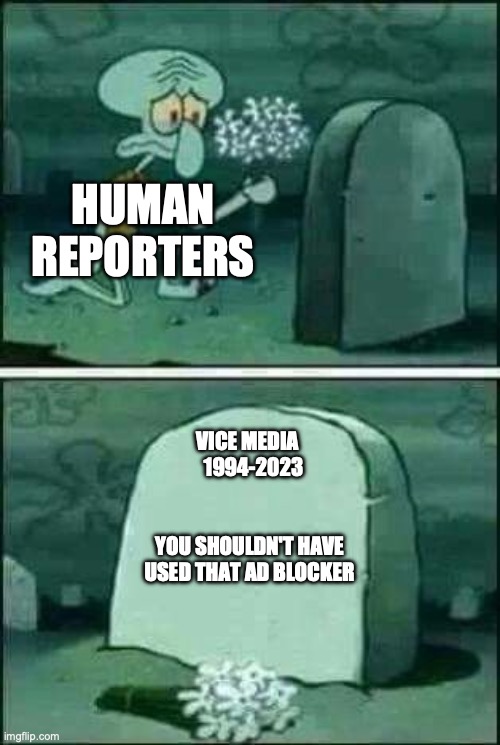 grave spongebob | HUMAN REPORTERS; VICE MEDIA      1994-2023                                 YOU SHOULDN'T HAVE USED THAT AD BLOCKER | image tagged in grave spongebob | made w/ Imgflip meme maker