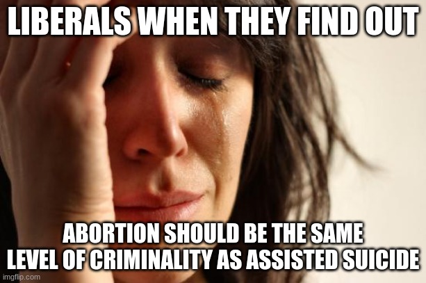 First World Problems | LIBERALS WHEN THEY FIND OUT; ABORTION SHOULD BE THE SAME LEVEL OF CRIMINALITY AS ASSISTED SUICIDE | image tagged in memes,first world problems,politics,prolife,abortion,abortion is murder | made w/ Imgflip meme maker