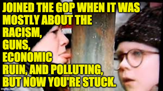 You could just quietly drop out of politics altogether... | JOINED THE GOP WHEN IT WAS
MOSTLY ABOUT THE
RACISM,
GUNS,
ECONOMIC
RUIN, AND POLLUTING,
BUT NOW YOU'RE STUCK. | image tagged in christmas story licking pole,memes,gop | made w/ Imgflip meme maker