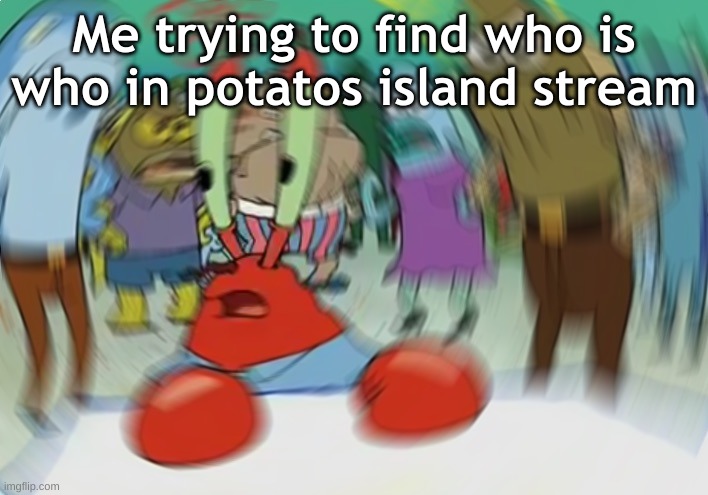 Mr Krabs Blur Meme | Me trying to find who is who in potatos island stream | image tagged in memes,mr krabs blur meme | made w/ Imgflip meme maker