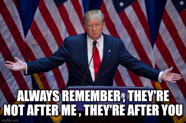 Donald Trump | ALWAYS REMEMBER , THEY'RE NOT AFTER ME , THEY'RE AFTER YOU | image tagged in donald trump | made w/ Imgflip meme maker