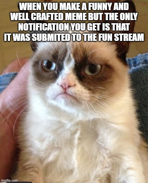 I hate the notification system | WHEN YOU MAKE A FUNNY AND WELL CRAFTED MEME BUT THE ONLY NOTIFICATION YOU GET IS THAT IT WAS SUBMITED TO THE FUN STREAM | image tagged in memes,grumpy cat,funny,imgflip | made w/ Imgflip meme maker