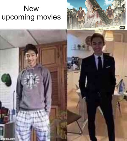 Only anime I'd watch: The Jesus Anime | New upcoming movies | image tagged in me at my wife's funeral vs me | made w/ Imgflip meme maker