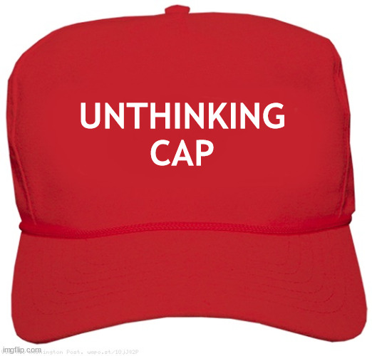 Unthinking Cap | UNTHINKING
CAP | image tagged in blank red maga hat | made w/ Imgflip meme maker