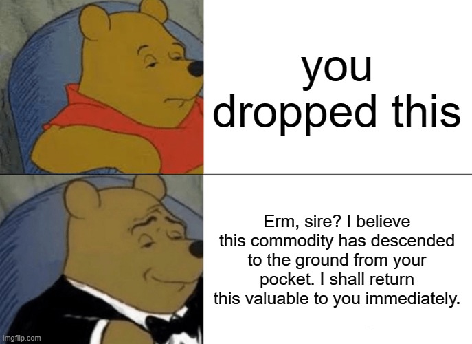 Tuxedo Winnie The Pooh Meme | you dropped this; Erm, sire? I believe this commodity has descended to the ground from your pocket. I shall return this valuable to you immediately. | image tagged in memes,tuxedo winnie the pooh | made w/ Imgflip meme maker