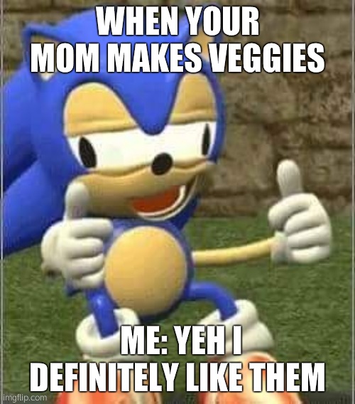 Drunk Sonic | WHEN YOUR MOM MAKES VEGGIES; ME: YEH I DEFINITELY LIKE THEM | image tagged in drunk sonic | made w/ Imgflip meme maker