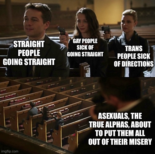 STRAIGHT PEOPLE GOING STRAIGHT GAY PEOPLE SICK OF GOING STRAIGHT TRANS PEOPLE SICK OF DIRECTIONS ASEXUALS, THE TRUE ALPHAS, ABOUT TO PUT THE | image tagged in church sniper | made w/ Imgflip meme maker