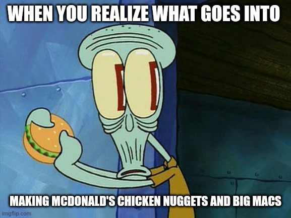 Never eat McDonald's | WHEN YOU REALIZE WHAT GOES INTO; MAKING MCDONALD'S CHICKEN NUGGETS AND BIG MACS | image tagged in oh shit squidward | made w/ Imgflip meme maker