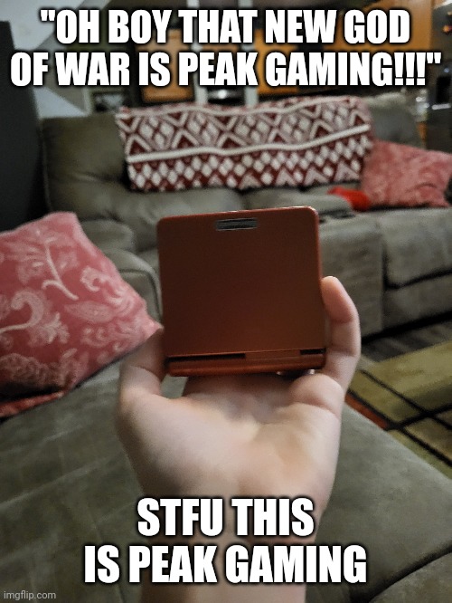 "OH BOY THAT NEW GOD OF WAR IS PEAK GAMING!!!"; STFU THIS IS PEAK GAMING | made w/ Imgflip meme maker