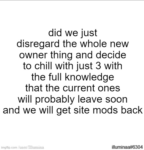 did we just disregard the whole new owner thing and decide to chill with just 3 with the full knowledge that the current ones will probably leave soon and we will get site mods back | made w/ Imgflip meme maker