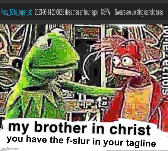 My brother in Christ | you have the f-slur in your tagline | made w/ Imgflip meme maker