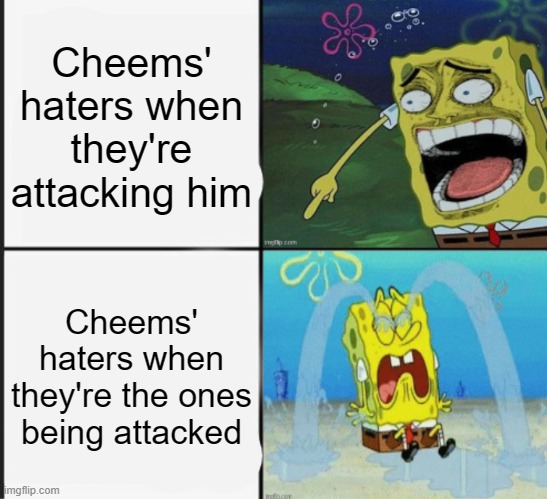 What goes around, comes around. | Cheems' haters when they're attacking him; Cheems' haters when they're the ones being attacked | image tagged in spongebob crying and laughing meme,haters,cheems | made w/ Imgflip meme maker