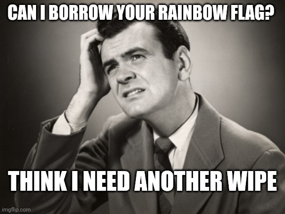 question | CAN I BORROW YOUR RAINBOW FLAG? THINK I NEED ANOTHER WIPE | image tagged in question | made w/ Imgflip meme maker