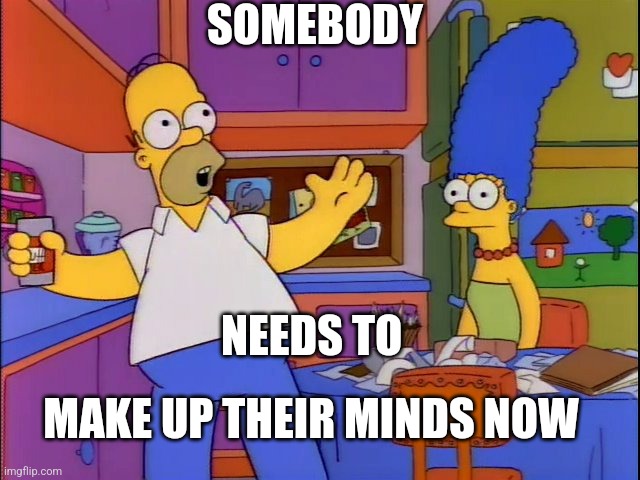 Seriously make up your mind already >:( | SOMEBODY; NEEDS TO; MAKE UP THEIR MINDS NOW | image tagged in make up your mind,memes,relatable,the simpsons,dank memes | made w/ Imgflip meme maker