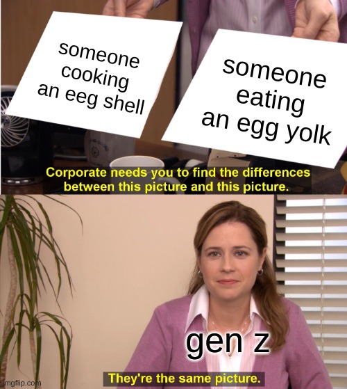 They're The Same Picture Meme | someone cooking an eeg shell; someone eating an egg yolk; gen z | image tagged in memes,they're the same picture | made w/ Imgflip meme maker