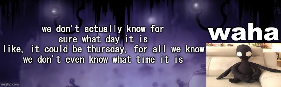 the waha temp | we don't actually know for sure what day it is
like, it could be thursday, for all we know
we don't even know what time it is | image tagged in the waha temp | made w/ Imgflip meme maker