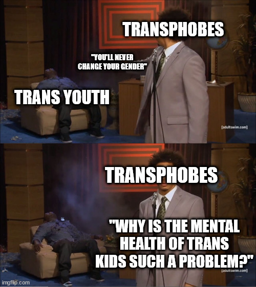 Ignorance in its most refined form | TRANSPHOBES; "YOU'LL NEVER CHANGE YOUR GENDER"; TRANS YOUTH; TRANSPHOBES; "WHY IS THE MENTAL HEALTH OF TRANS KIDS SUCH A PROBLEM?" | image tagged in memes,who killed hannibal | made w/ Imgflip meme maker