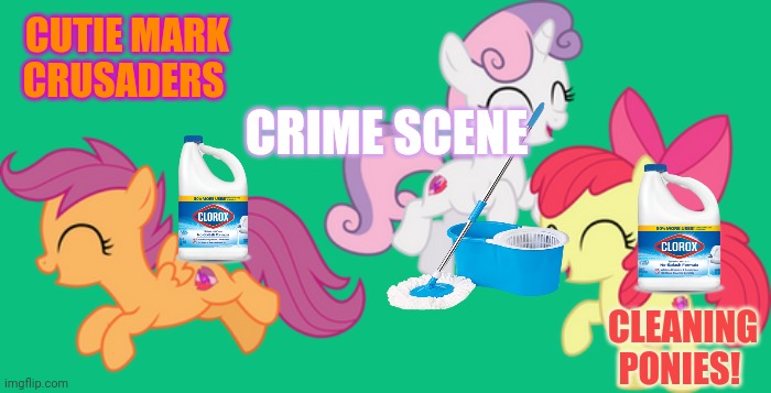 But why? | CUTIE MARK CRUSADERS; CRIME SCENE; CLEANING PONIES! | image tagged in cutie mark crusaders,why,crime scene,cleaners | made w/ Imgflip meme maker