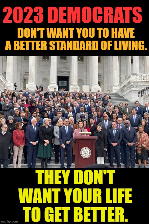 Sometimes The Truth Just Has To Be Told | 2023 DEMOCRATS; DON'T WANT YOU TO HAVE A BETTER STANDARD OF LIVING. THEY DON'T WANT YOUR LIFE TO GET BETTER. | image tagged in politics,democrats,no,quality,in real life,unfortunately for you | made w/ Imgflip meme maker